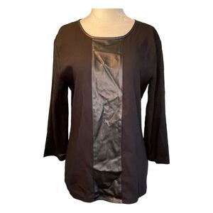 Ann Taylor Chiffon Blouse Black Faux Leather Paneled 3/4 Sleeves Bow Back XS
